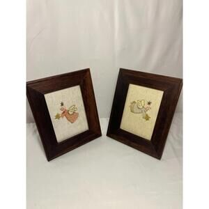 Set of 2 Framed Cross Stitch Angel Art – Hand-Stitched Embroidery in Wood Frame